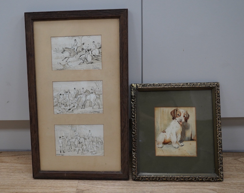 Harberte, set of three 19th century ink and washes, Hunting scenes, each signed and dated 1882, together with a watercolour study of a dog, monogrammed SCU and dated 1902, 14 x 11cm. Condition - fair